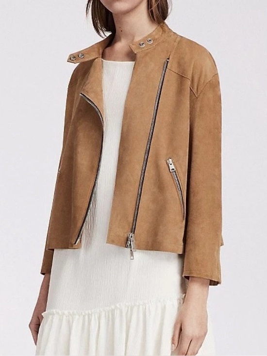 All Saints Jackets & Blazers - All saints dahlia tan suede zip up moto jacket size 4 /36